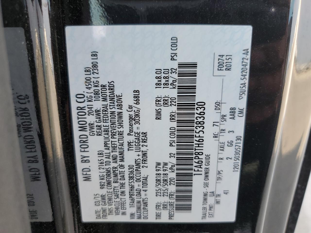 2015 Ford Mustang VIN: 1FA6P8TH6F5383630 Lot: 63918534