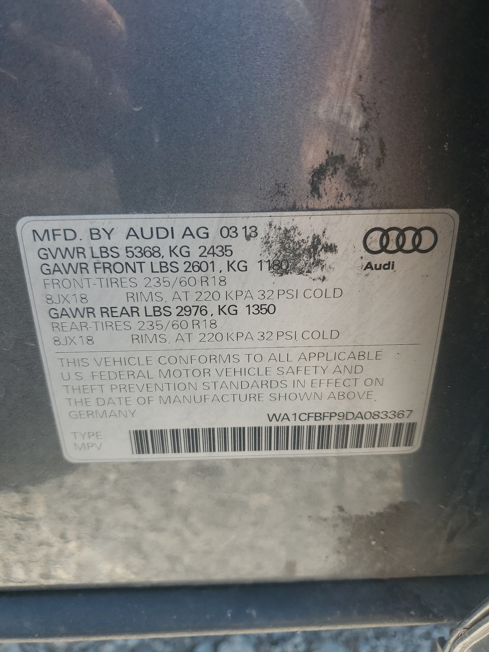 WA1CFBFP9DA083367 2013 Audi Q5 Premium