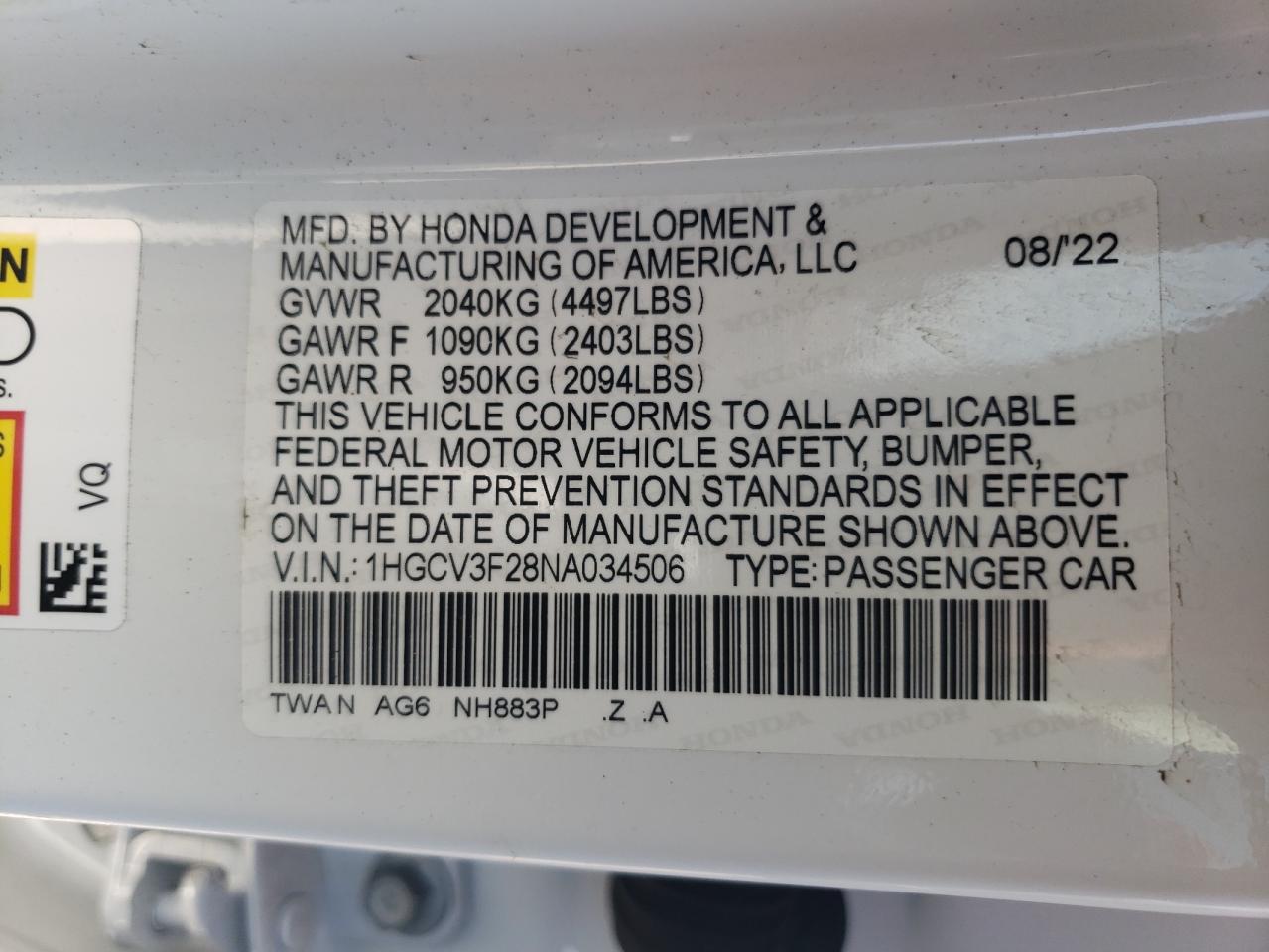 1HGCV3F28NA034506 2022 Honda Accord Hybrid Sport