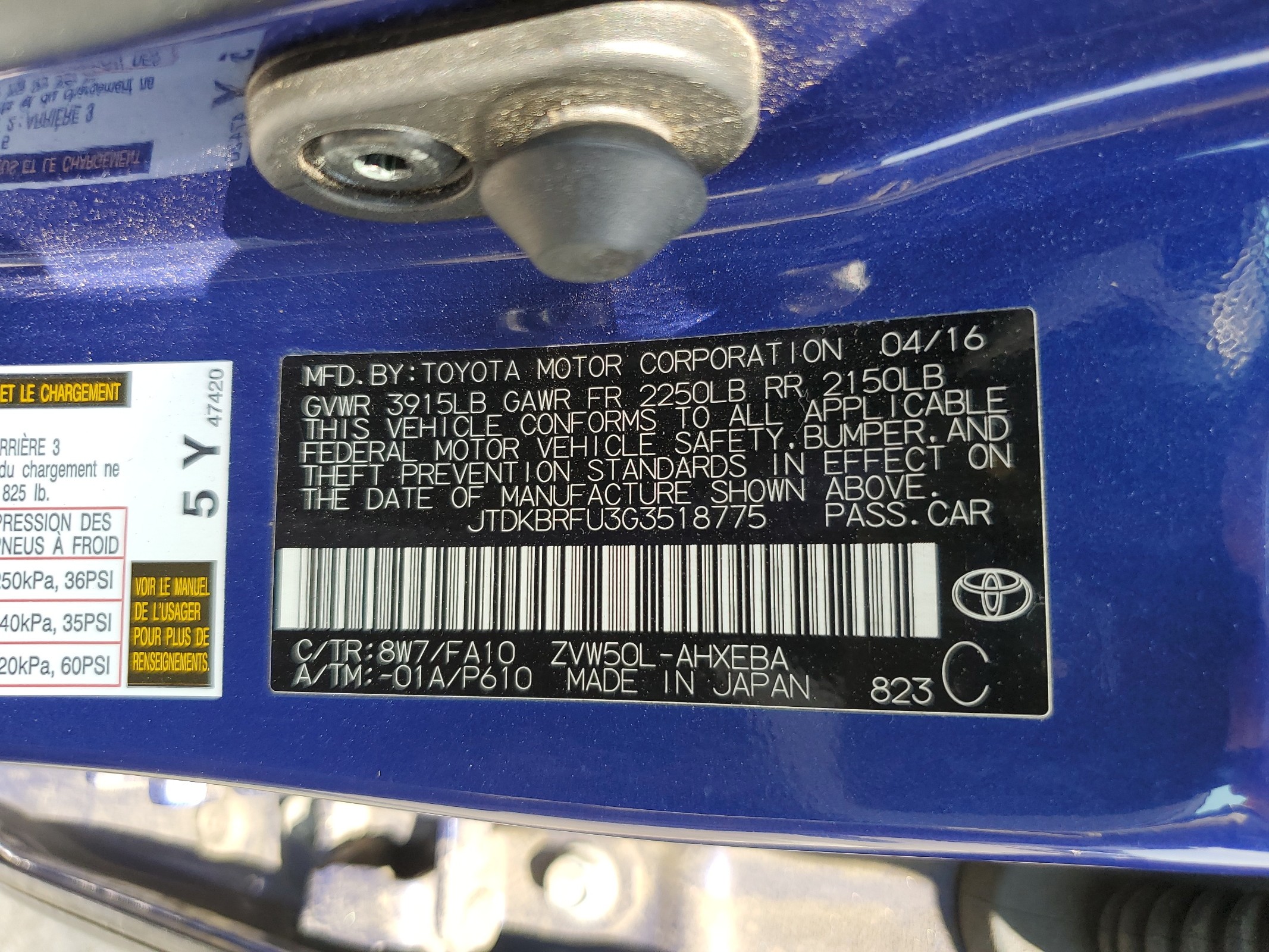 JTDKBRFU3G3518775 2016 Toyota Prius