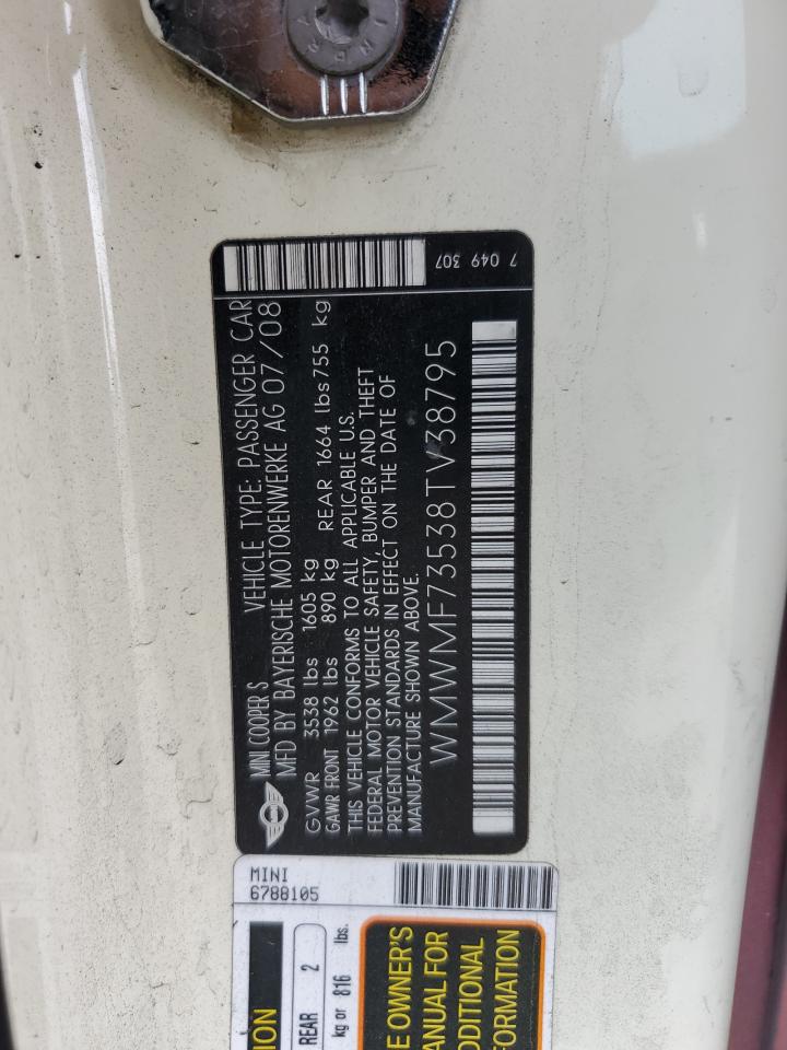 2008 Mini Cooper S VIN: WMWMF73538TV38795 Lot: 63626924