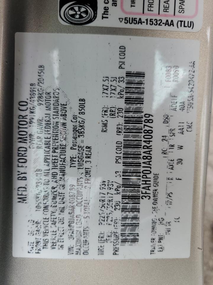 2010 Ford Fusion Sel VIN: 3FAHP0JA8AR408789 Lot: 61948054