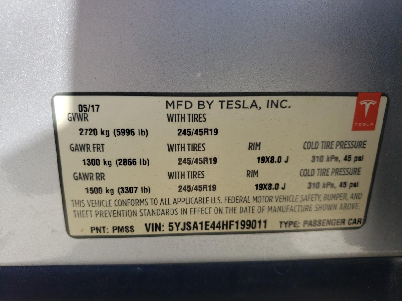 2017 Tesla Model S VIN: 5YJSA1E44HF199011 Lot: 63697314