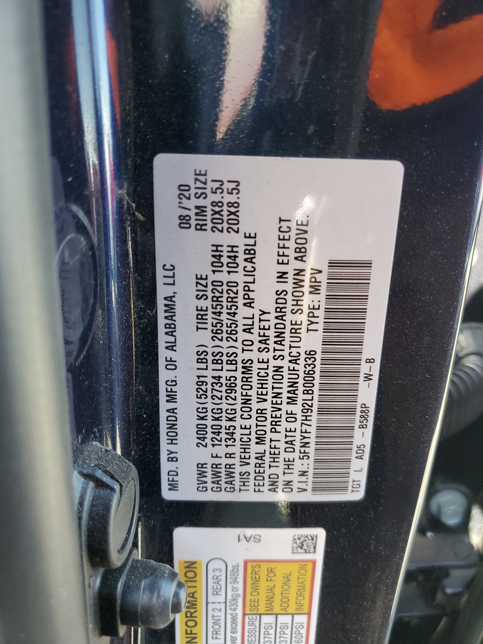 5FNYF7H92LB006336 2020 Honda Passport Touring