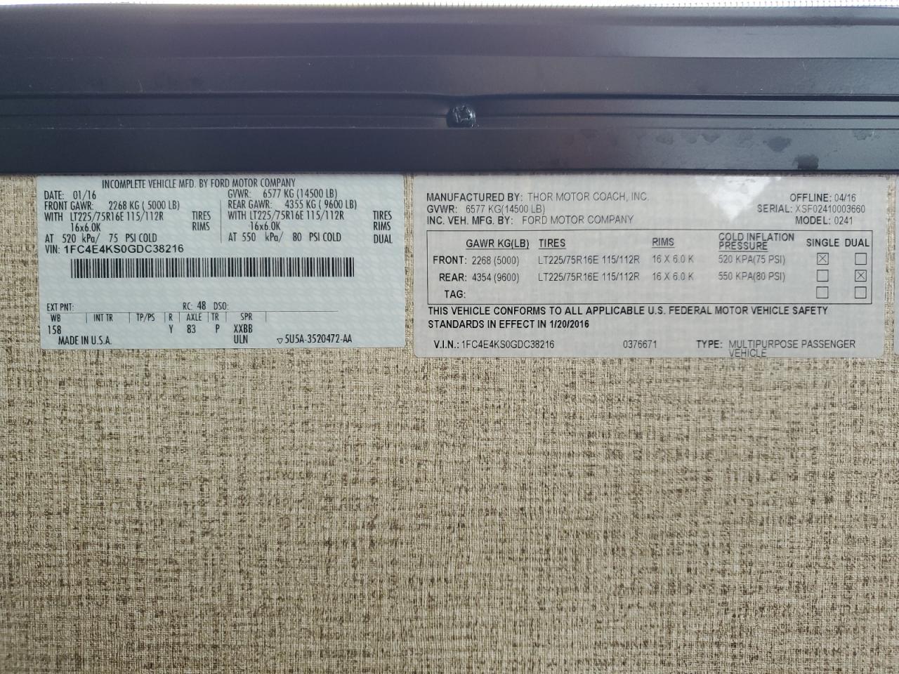 2016 Ford Econoline E450 Super Duty Commercial Stripped Chassis VIN: 1FC4E4KS0GDC38216 Lot: 61496184