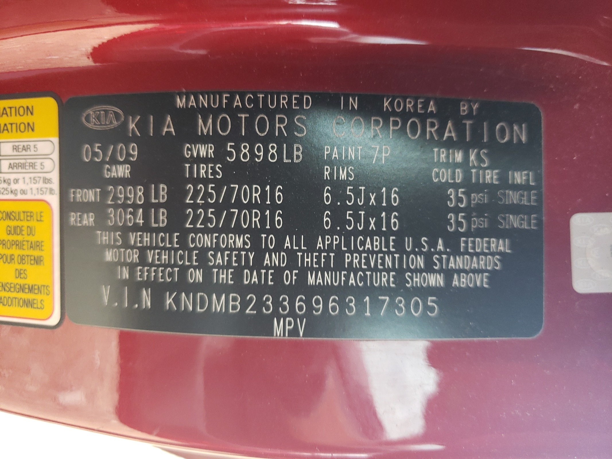 KNDMB233696317305 2009 Kia Sedona Ex