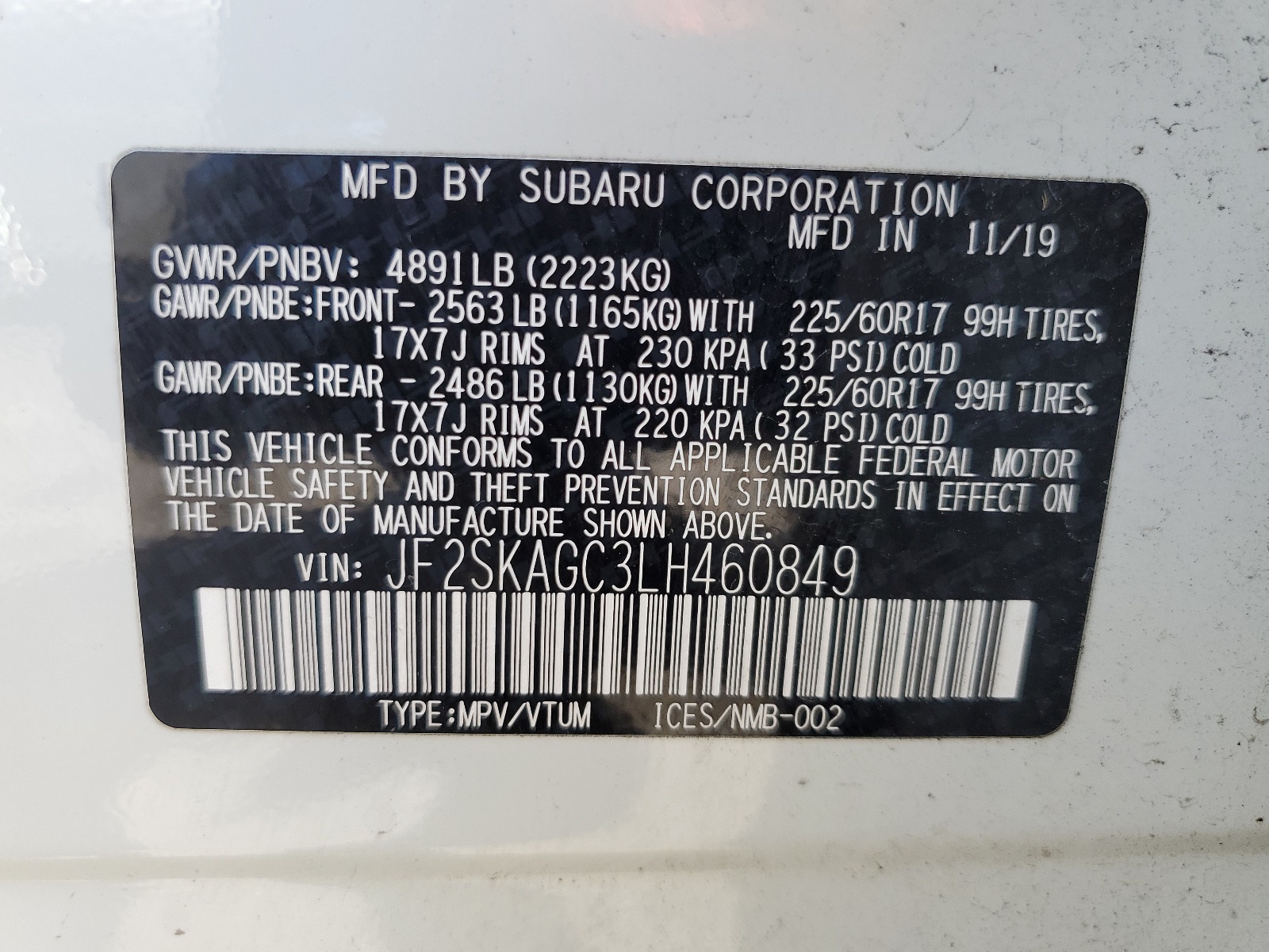 JF2SKAGC3LH460849 2020 Subaru Forester Premium