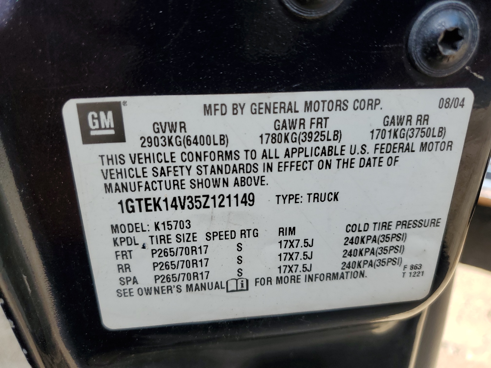 1GTEK14V35Z121149 2005 GMC New Sierra K1500