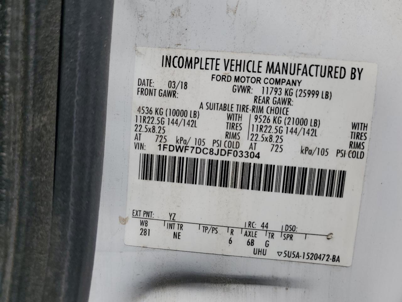 1FDWF7DC8JDF03304 2018 Ford F750 Super Duty
