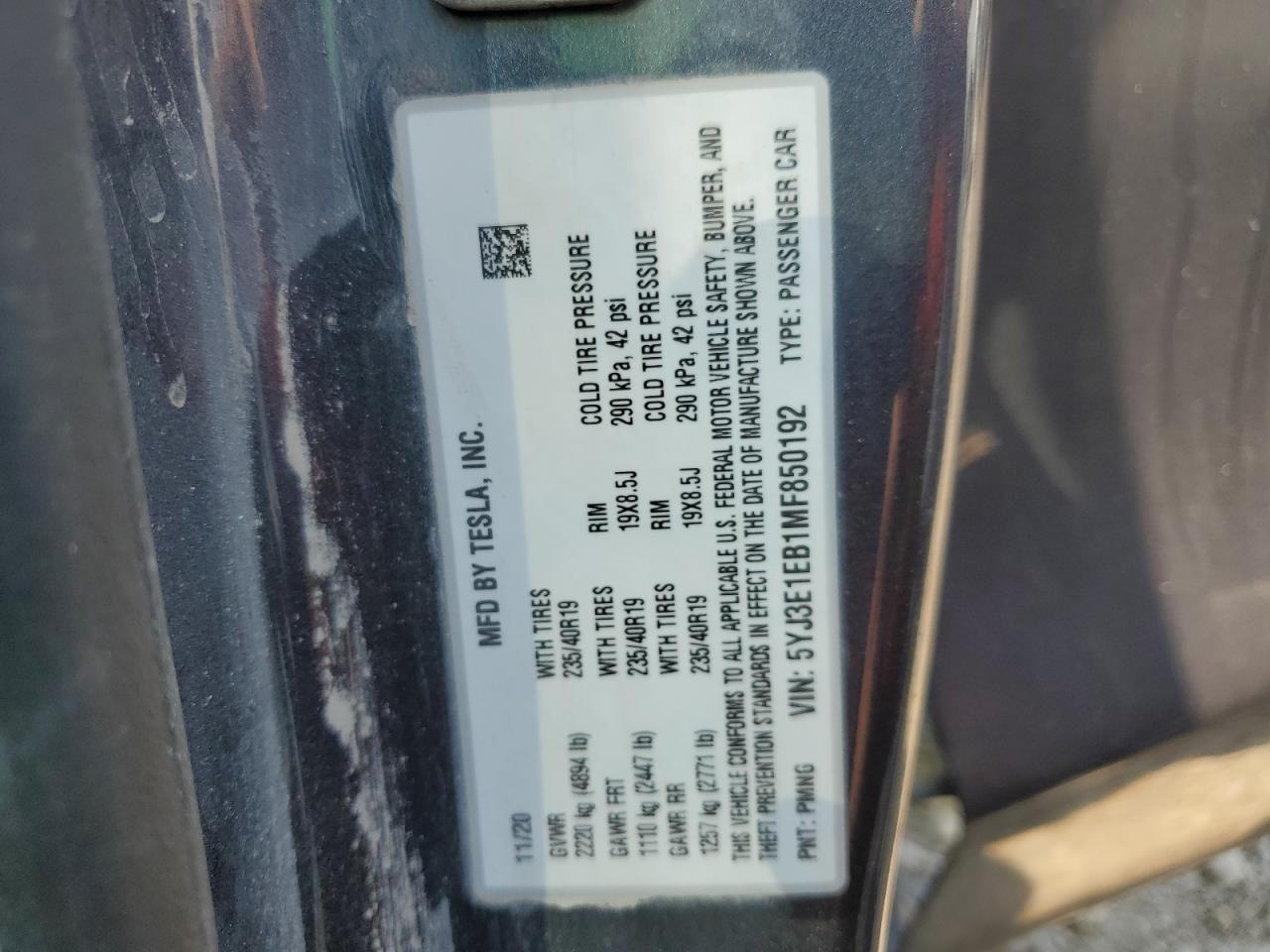 5YJ3E1EB1MF850192 2021 Tesla Model 3