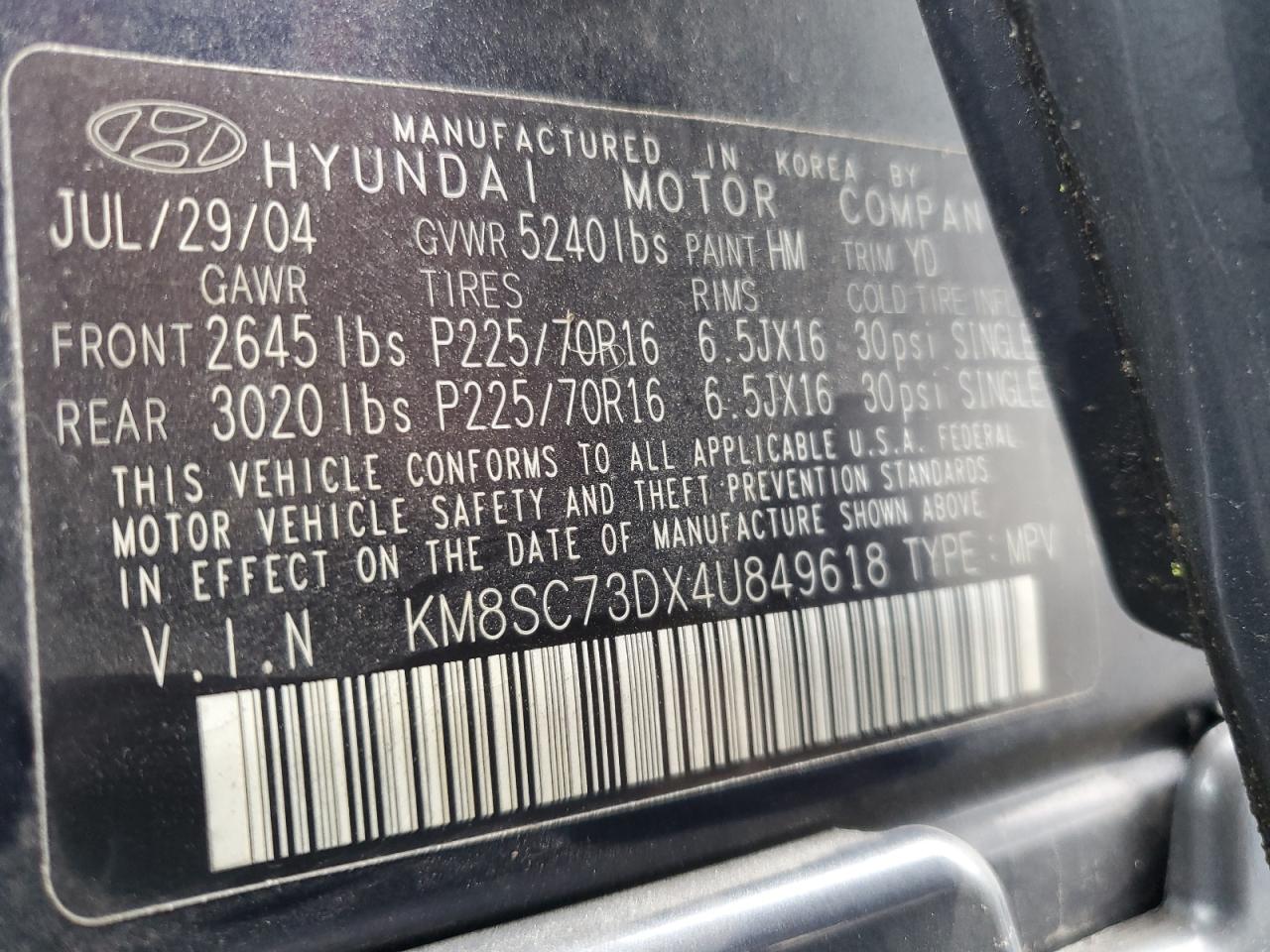 2004 Hyundai Santa Fe Gls VIN: KM8SC73DX4U849618 Lot: 65024274