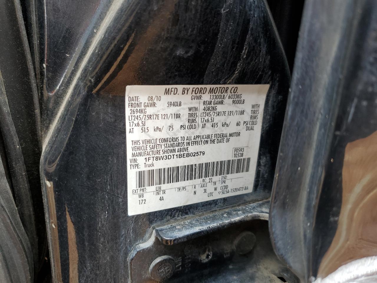 2011 Ford F350 Super Duty VIN: 1FT8W3DT1BEB02579 Lot: 64042884