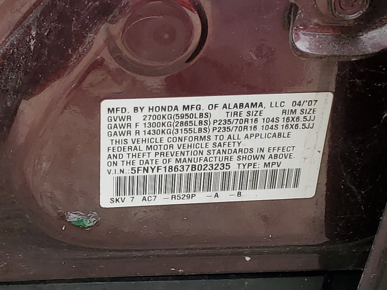 5FNYF18637B023235 2007 Honda Pilot Exl