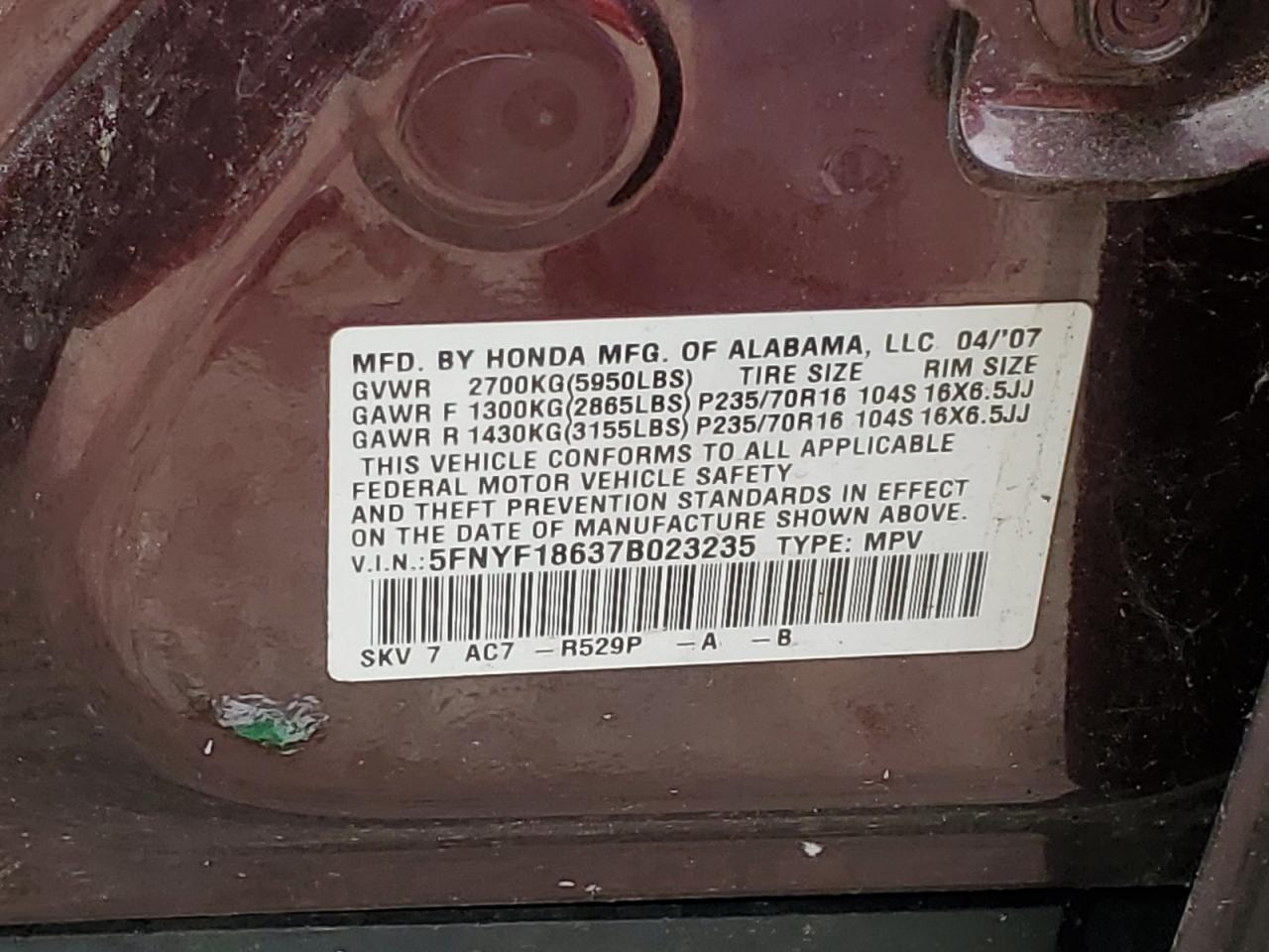 2007 Honda Pilot Exl VIN: 5FNYF18637B023235 Lot: 61692934