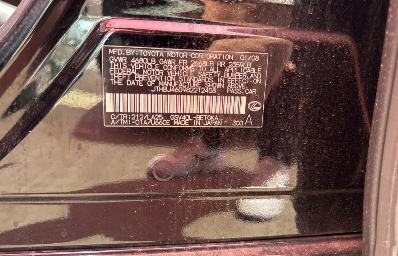 2008 Lexus Es 350 VIN: JTHBJ46G982212458 Lot: 64078374