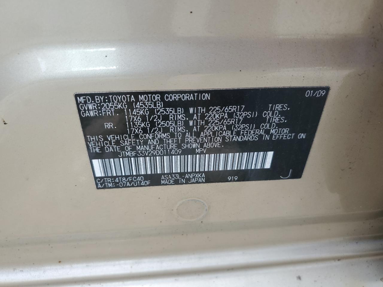 2009 Toyota Rav4 VIN: JTMBF33V29D011409 Lot: 61741024