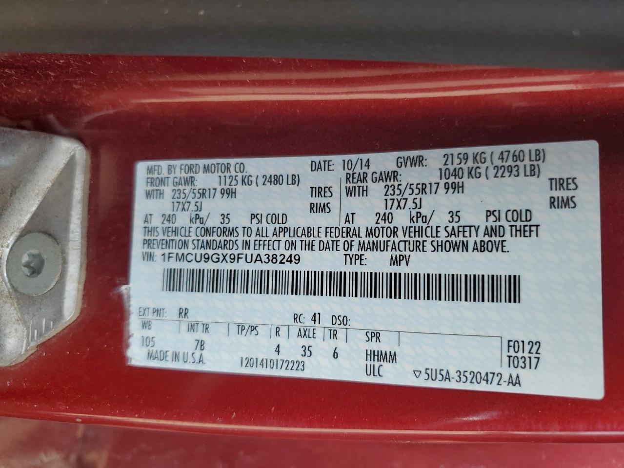 VIN 1FMCU9GX9FUA38249 2015 FORD ESCAPE no.12