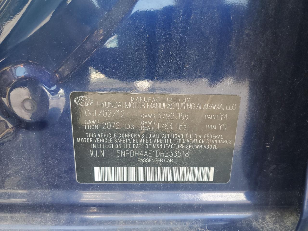 2013 Hyundai Elantra Gls VIN: 5NPDH4AE1DH233518 Lot: 63422174