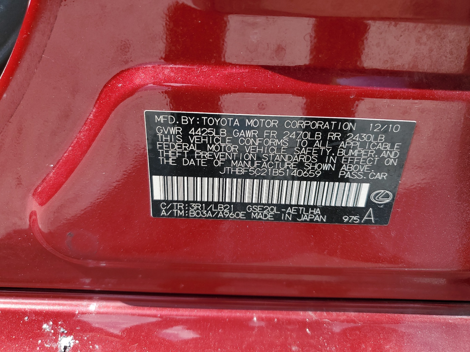 JTHBF5C21B5140659 2011 Lexus Is 250