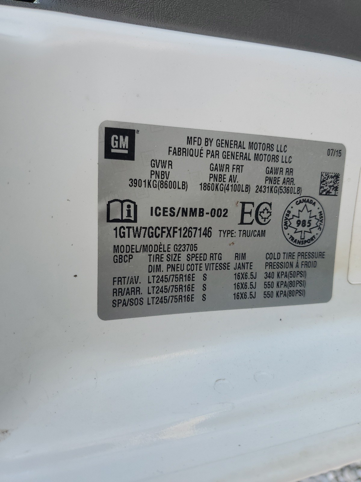 1GTW7GCFXF1267146 2015 GMC Savana G2500