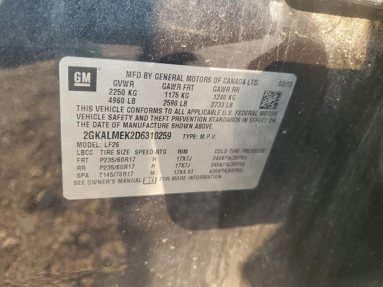 2013 GMC Terrain Sle VIN: 2GKALMEK2D6310259 Lot: 62342674