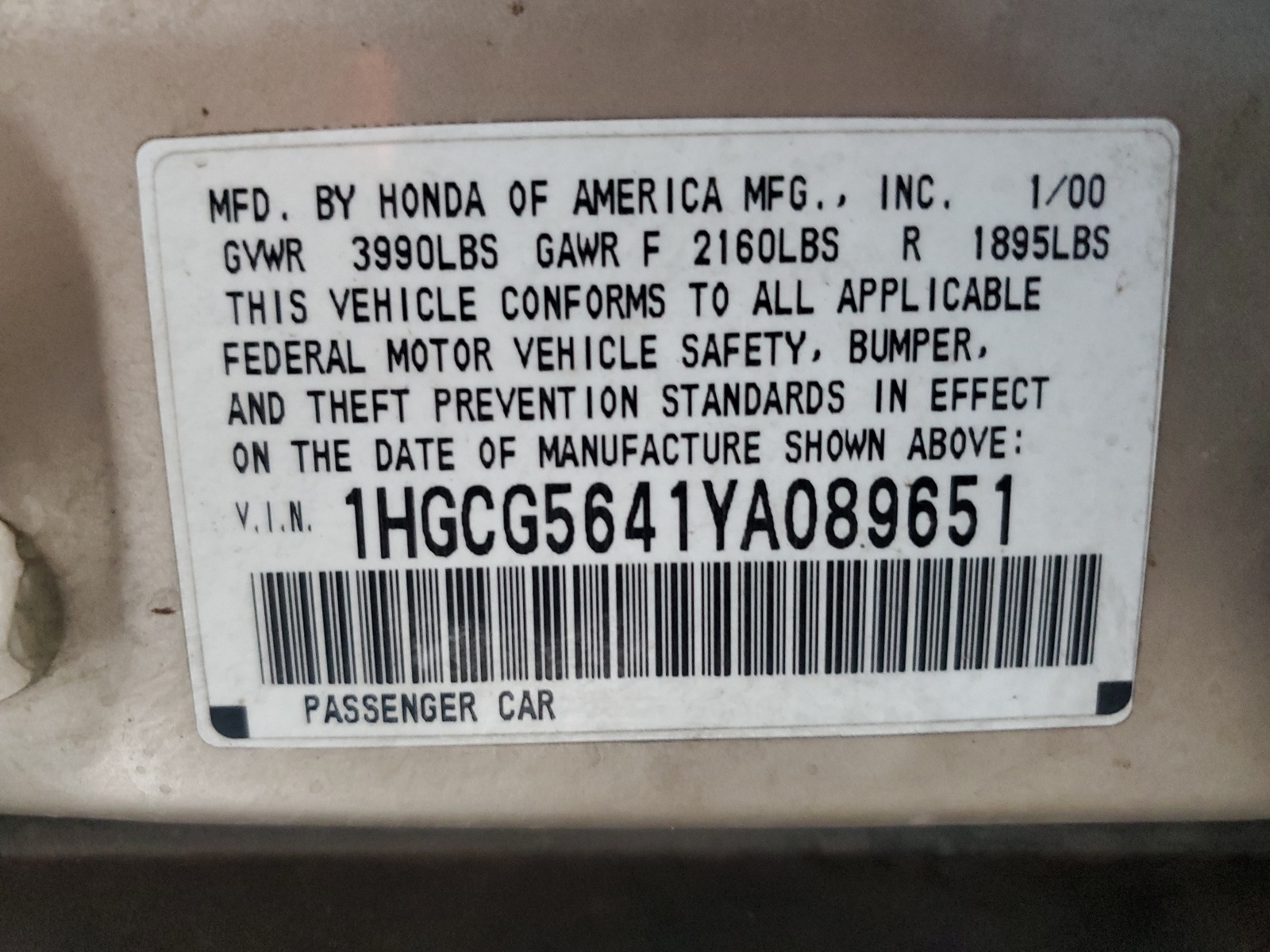 1HGCG5641YA089651 2000 Honda Accord Lx