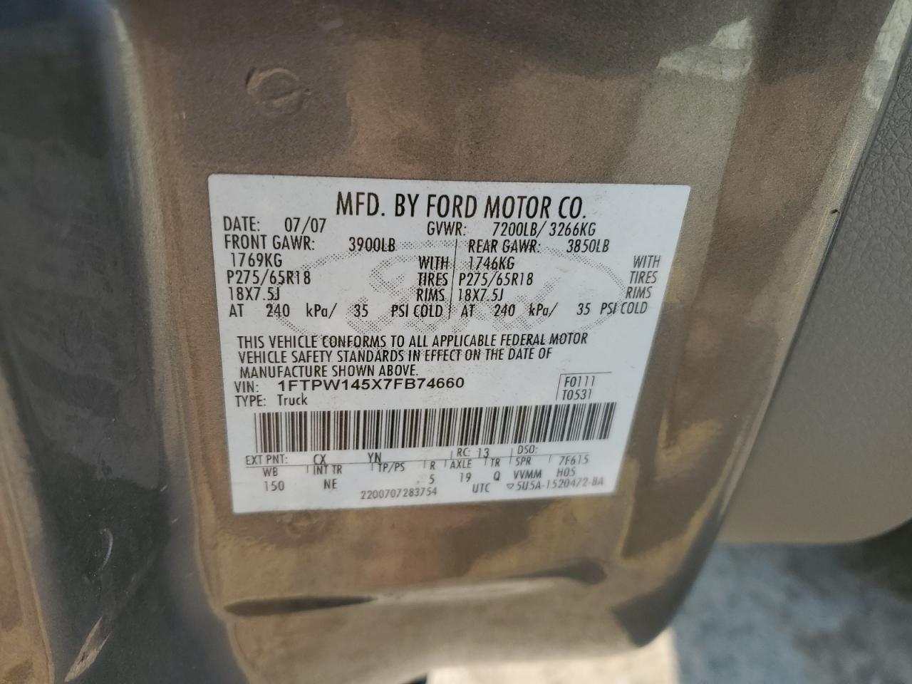 2007 Ford F150 Supercrew VIN: 1FTPW145X7FB74660 Lot: 63203994