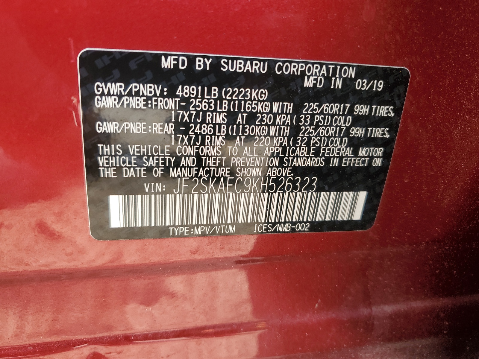 JF2SKAEC9KH526323 2019 Subaru Forester Premium