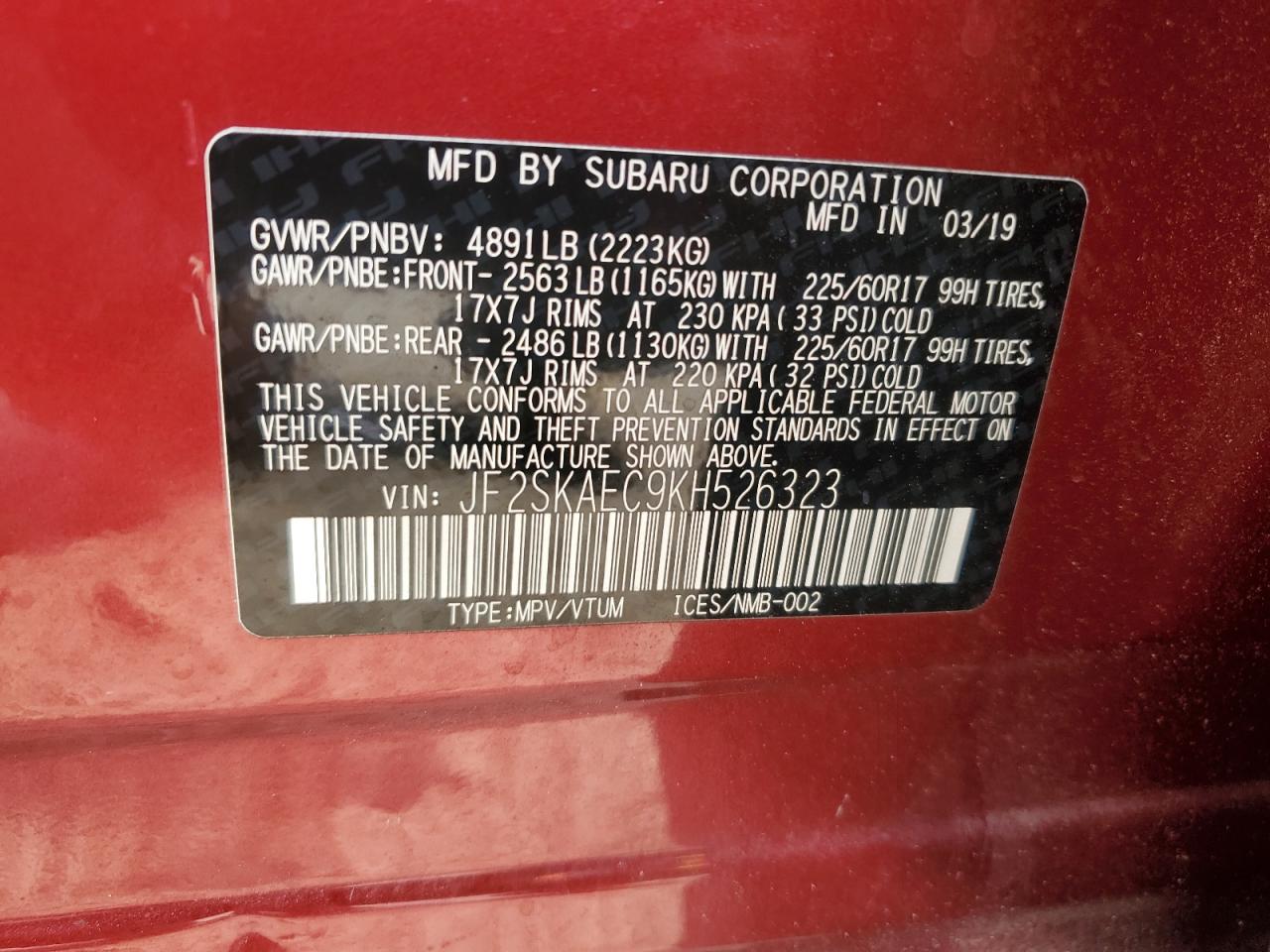 2019 Subaru Forester Premium VIN: JF2SKAEC9KH526323 Lot: 65316184