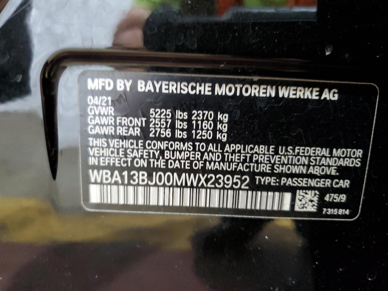 2021 BMW 530 Xi VIN: WBA13BJ00MWX23952 Lot: 62530724