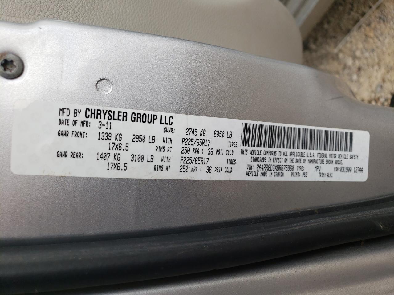 2011 Chrysler Town & Country Touring L VIN: 2A4RR8DGXBR675960 Lot: 64390464