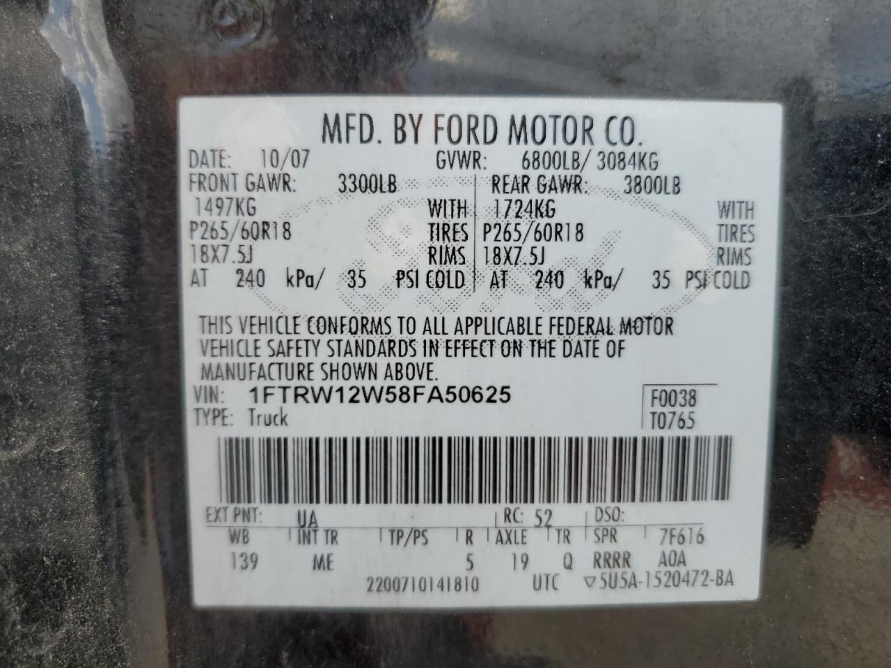 2008 Ford F150 Supercrew VIN: 1FTRW12W58FA50625 Lot: 62812794