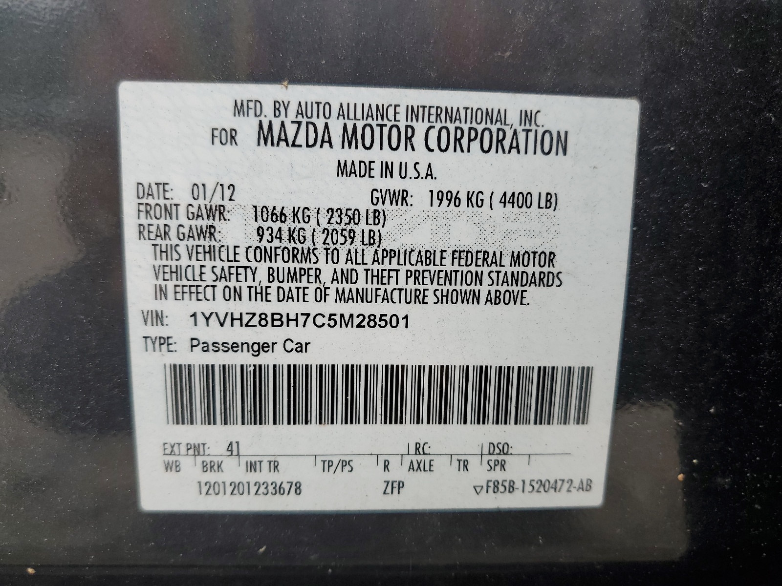 1YVHZ8BH7C5M28501 2012 Mazda 6 I