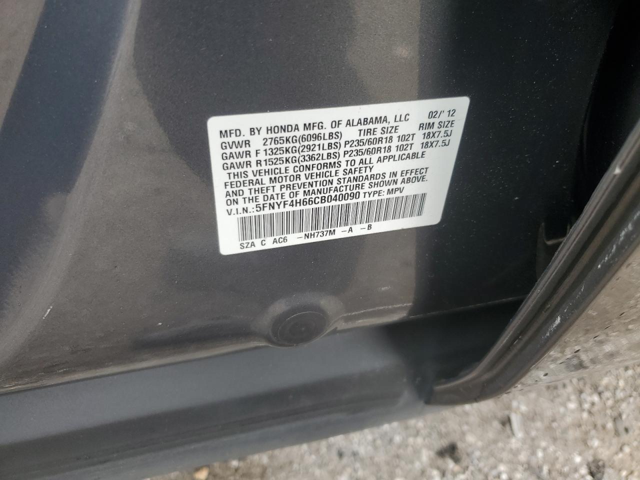 2012 Honda Pilot Exl VIN: 5FNYF4H66CB040090 Lot: 62027614