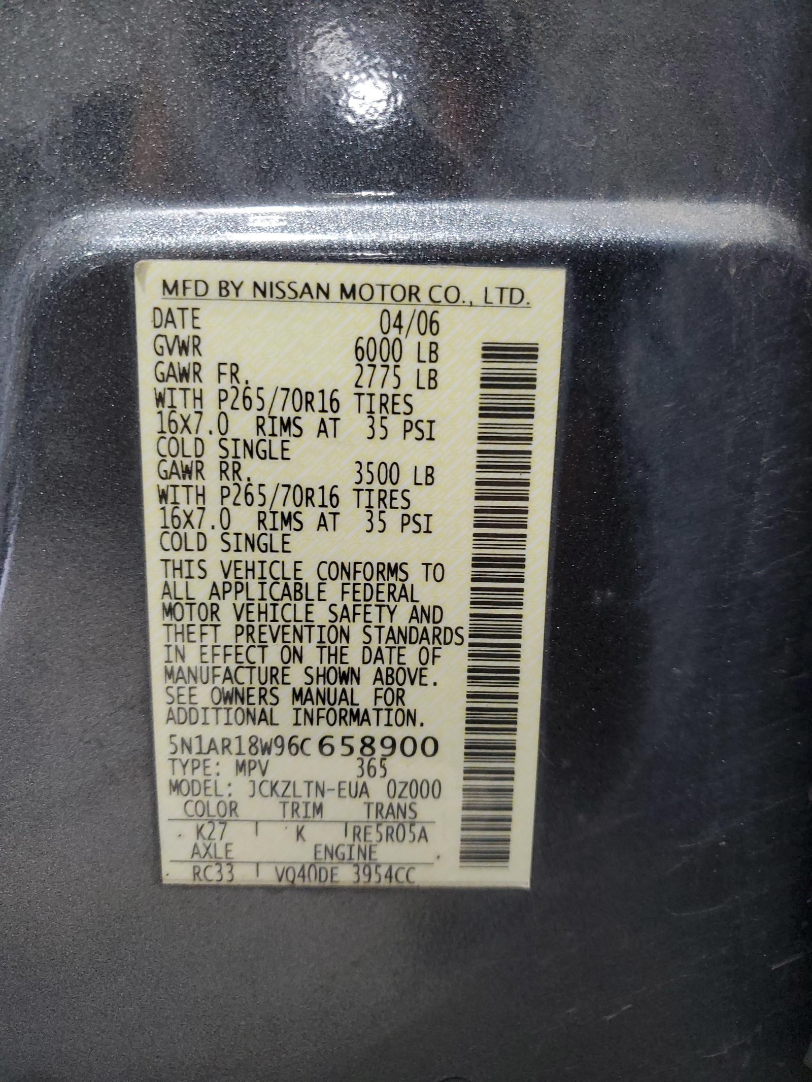 5N1AR18W96C658900 2006 Nissan Pathfinder Le