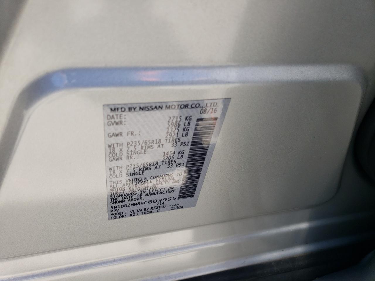 2017 Nissan Pathfinder S VIN: 5N1DR2MN8HC603955 Lot: 63670804