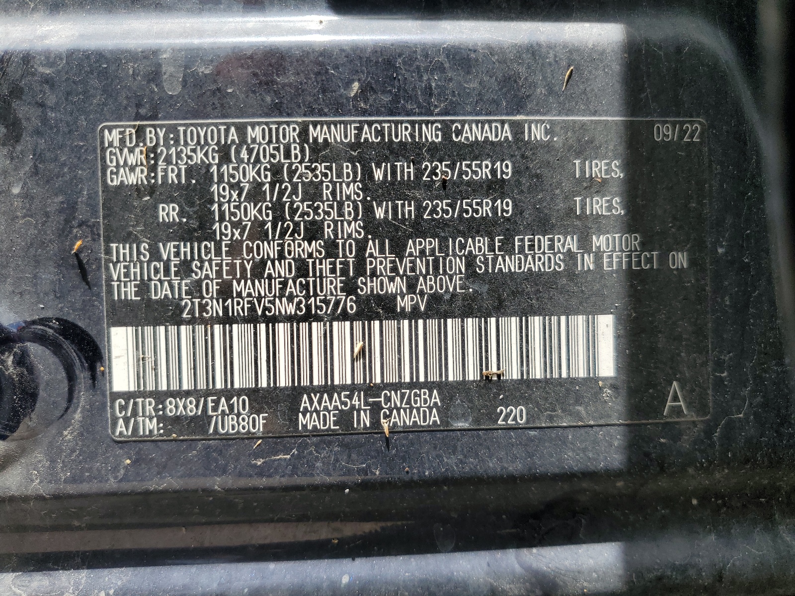 2T3N1RFV5NW315776 2022 Toyota Rav4 Limited