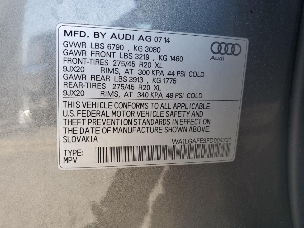 2015 Audi Q7 Premium Plus VIN: WA1LGAFE3FD004721 Lot: 62500884