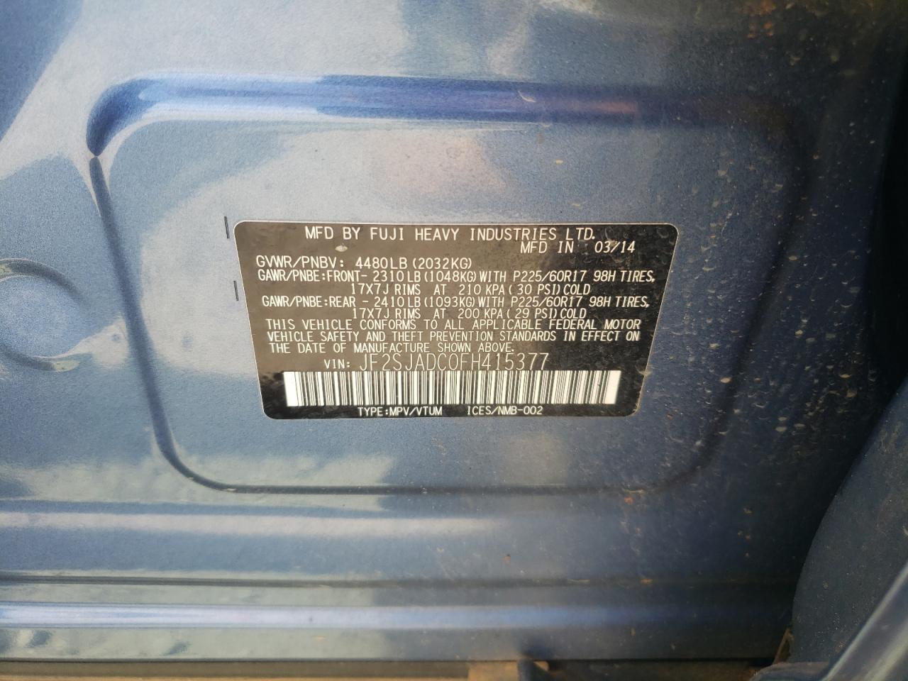 2015 Subaru Forester 2.5I Premium VIN: JF2SJADC0FH415377 Lot: 64459494