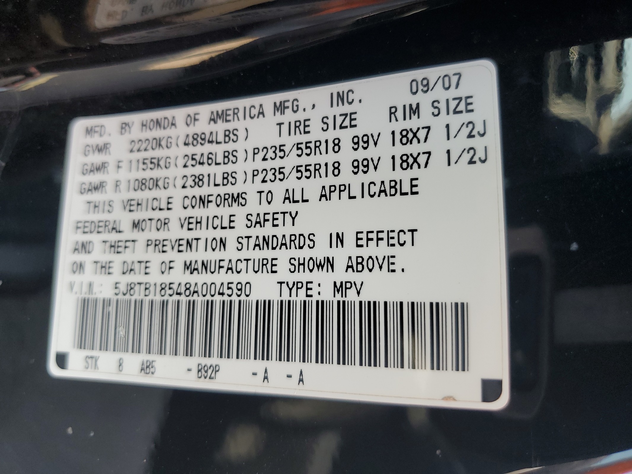 5J8TB18548A004590 2008 Acura Rdx Technology