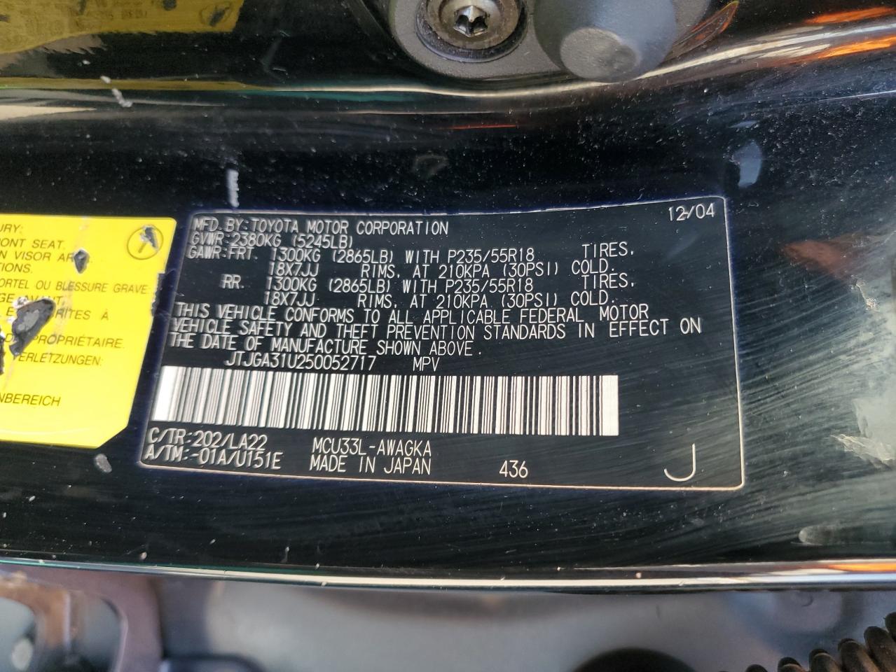 2005 Lexus Rx 330 VIN: JTJGA31U250052717 Lot: 65410554