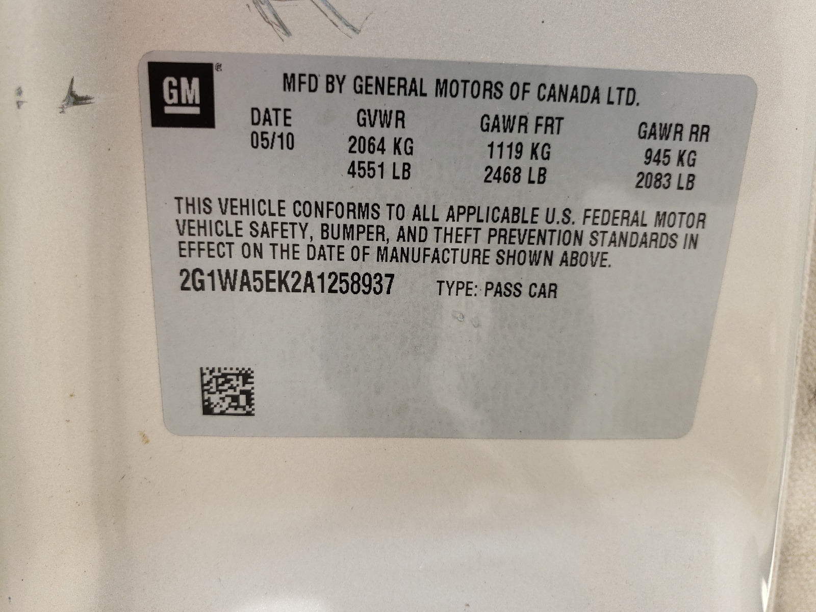 2G1WA5EK2A1258937 2010 Chevrolet Impala Ls