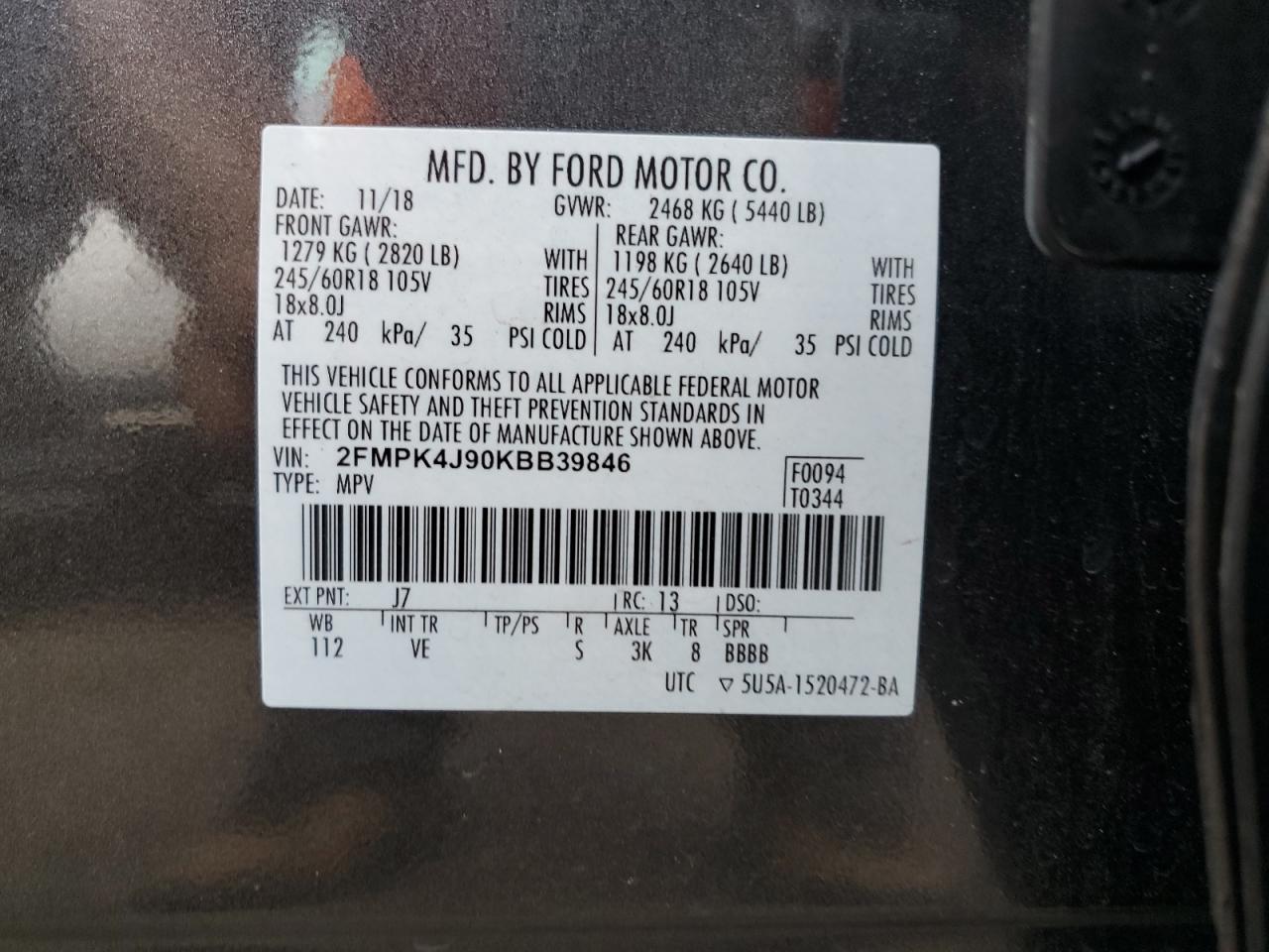 2019 Ford Edge Sel VIN: 2FMPK4J90KBB39846 Lot: 62139224