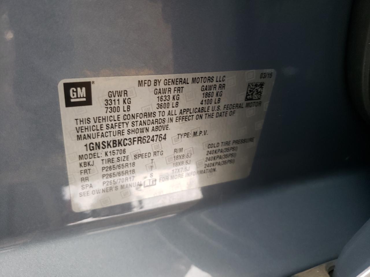 2015 Chevrolet Tahoe K1500 Lt VIN: 1GNSKBKC3FR624764 Lot: 63035514