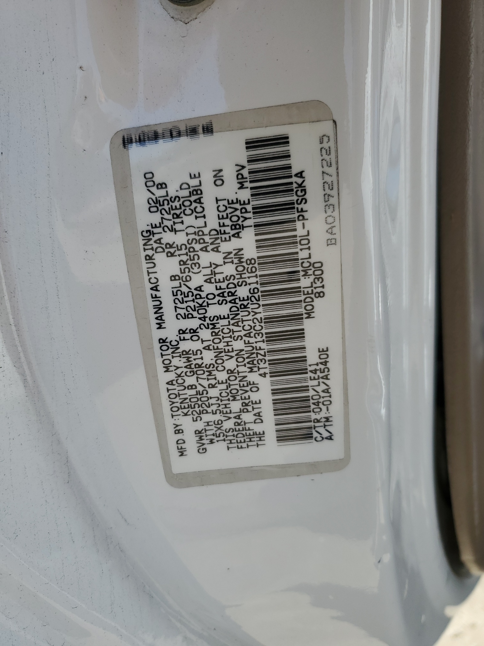 4T3ZF13C2YU261168 2000 Toyota Sienna Le