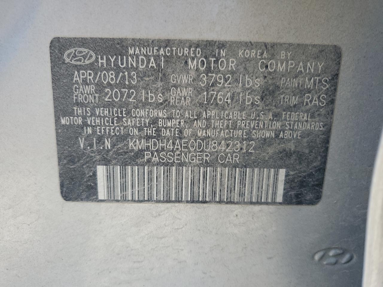 2013 Hyundai Elantra Gls VIN: KMHDH4AE0DU842312 Lot: 60328634