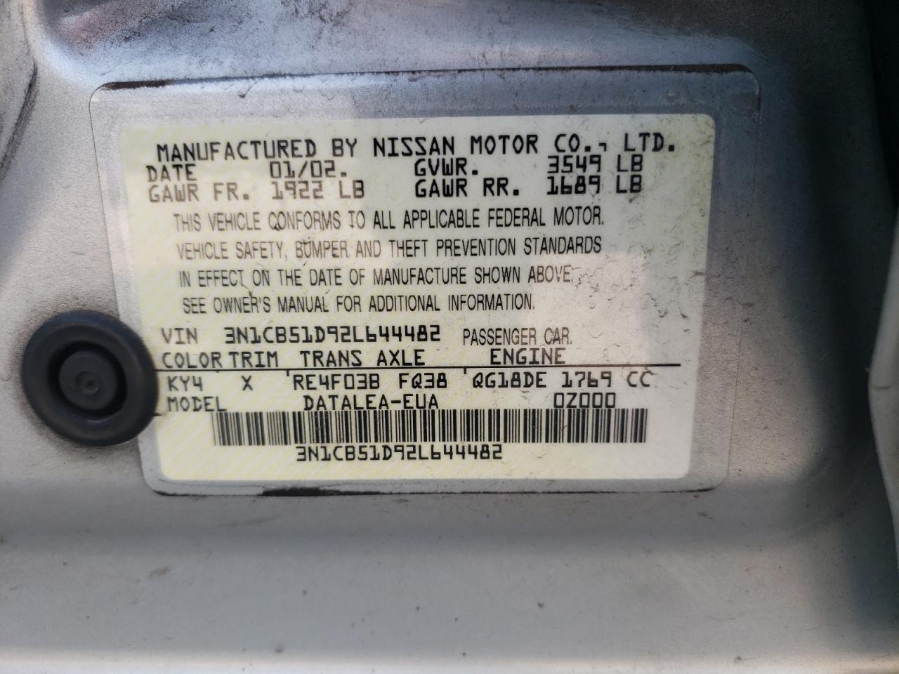 2002 Nissan Sentra Xe VIN: 3N1CB51D92L644482 Lot: 64007284