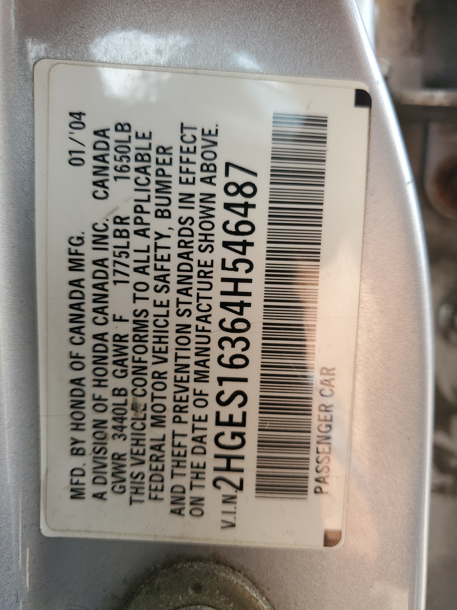 2HGES16364H546487 2004 Honda Civic Dx Vp