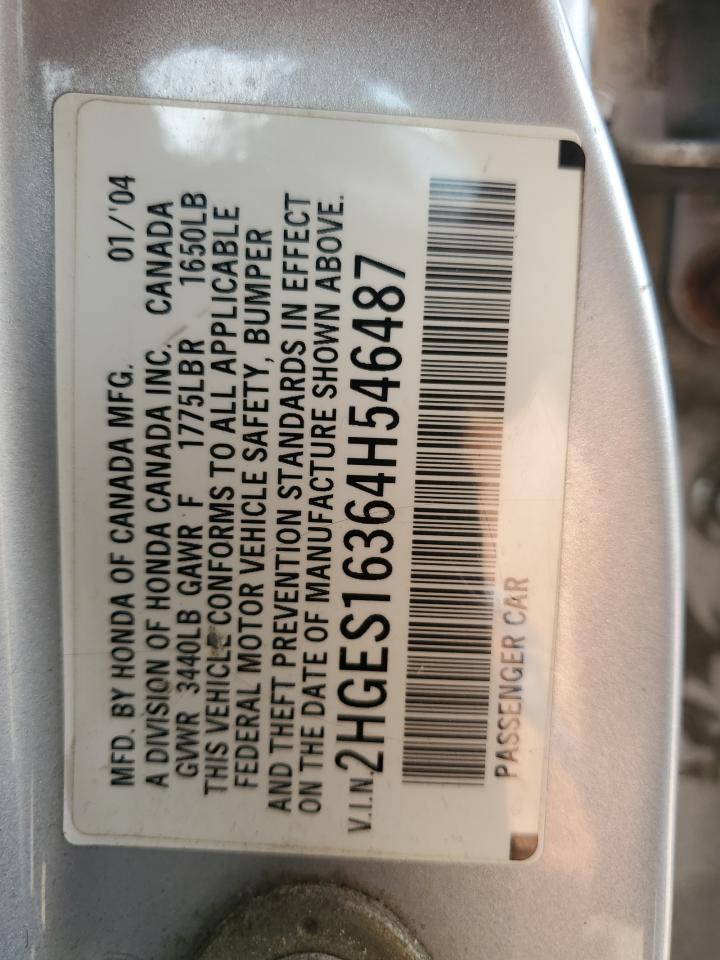 2004 Honda Civic Dx Vp VIN: 2HGES16364H546487 Lot: 61710084