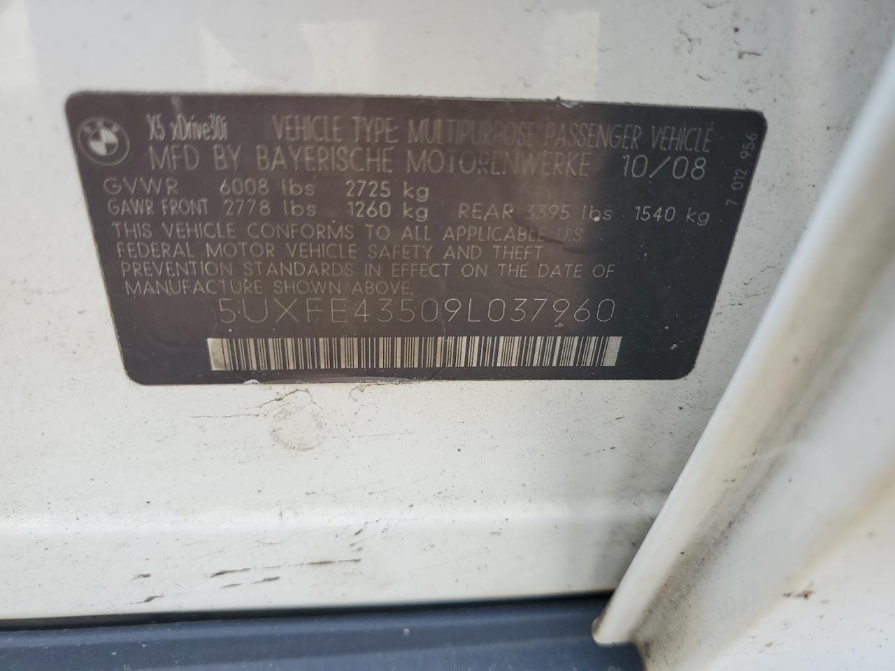 2009 BMW X5 xDrive30I VIN: 5UXFE43509L037960 Lot: 62486234